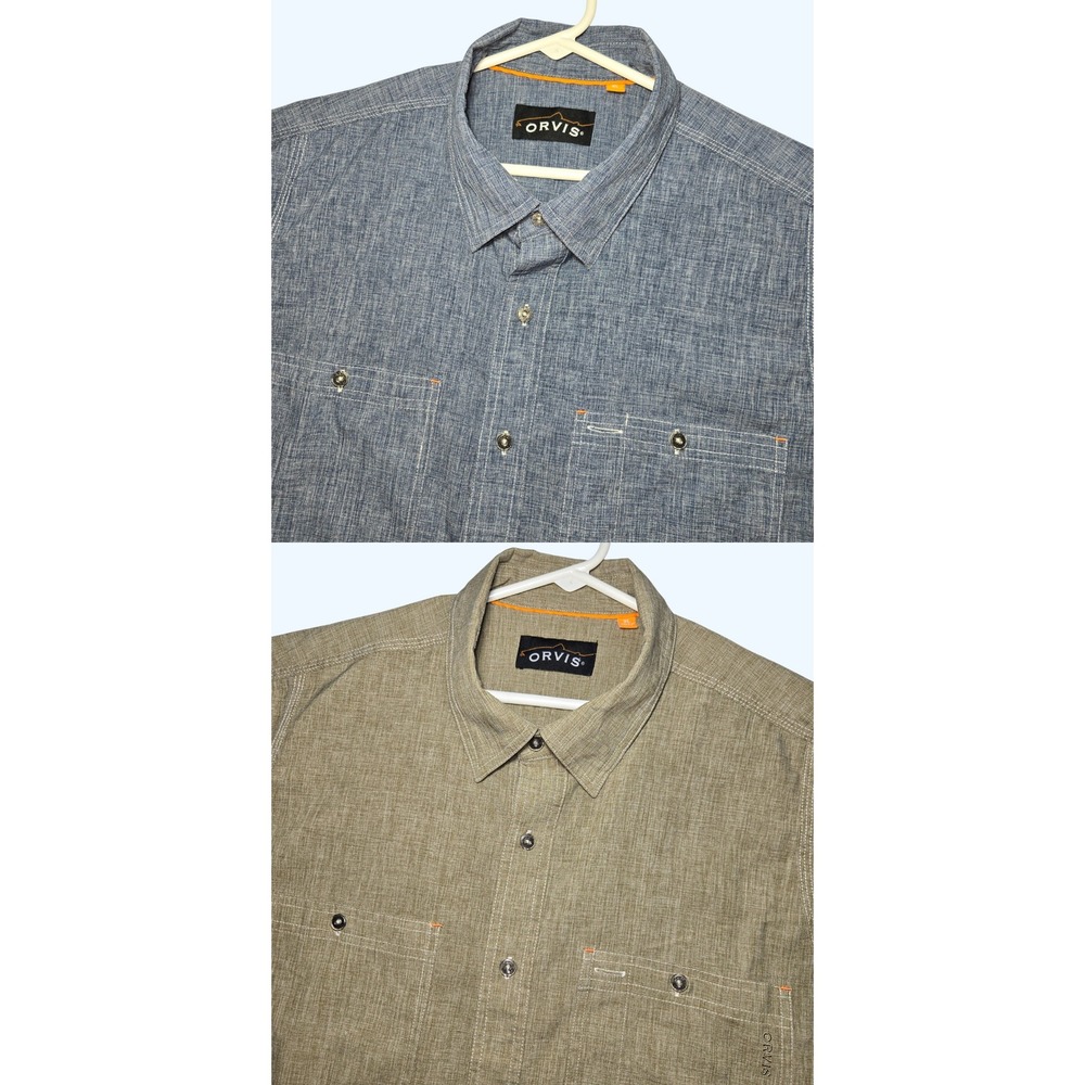 LOT OF 2 Orvis Chambray Work Shirt Trout Bum Blue Beige Button Fishing Mens XL